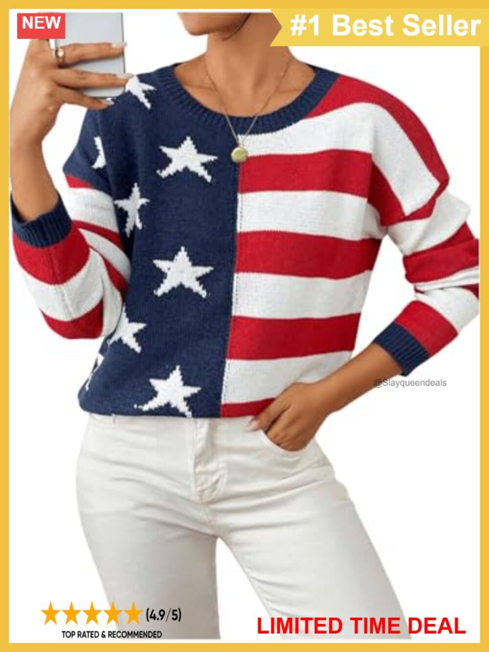 Star Striped Knit Pullover Sweater Crew Neck Long Sleeve Casual